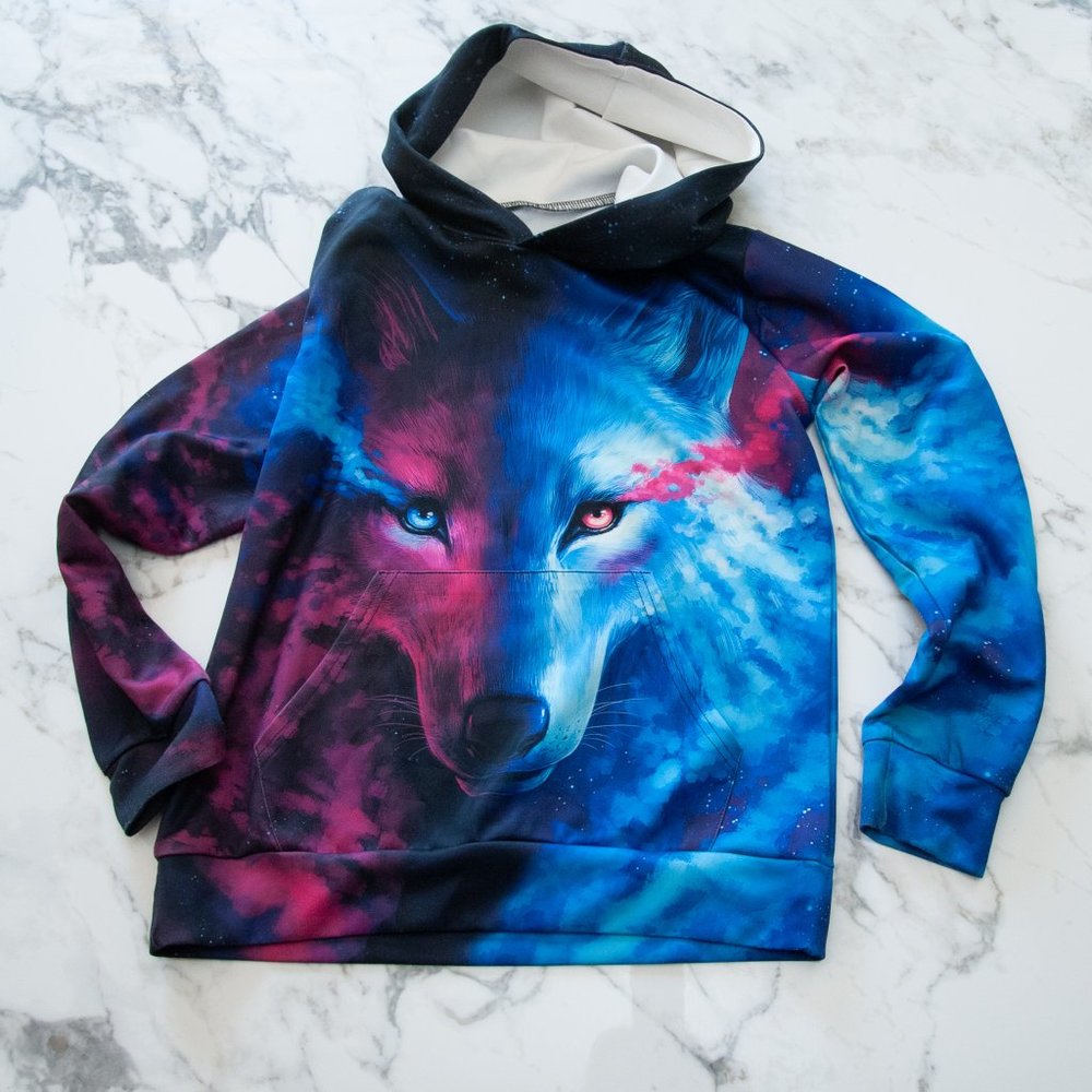 Kids Medium "3D Graphic" Wolf Hooded Sweatshirt